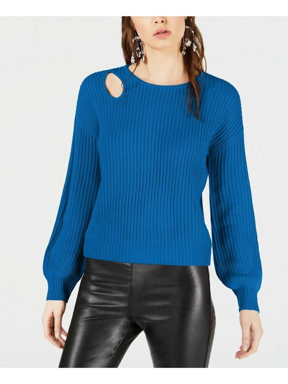 Bar III Sweater Womens Size Large Blue Knited Balloon Sleeve Cutout Pullover